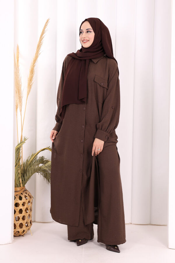 Keten Düğmeli Tunik Pantolon Takım 8015 Kahverengi - 3
