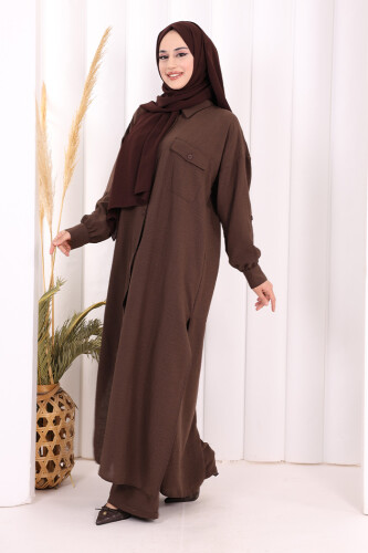 Keten Düğmeli Tunik Pantolon Takım 8015 Kahverengi - 4