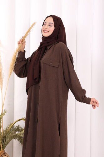 Keten Düğmeli Tunik Pantolon Takım 8015 Kahverengi - 5