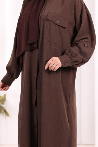Keten Düğmeli Tunik Pantolon Takım 8015 Kahverengi - 6