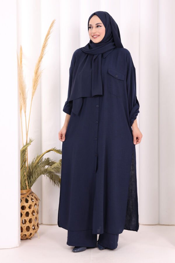 Keten Düğmeli Tunik Pantolon Takım 8015 Lacivert - 1