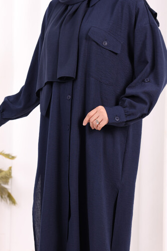 Keten Düğmeli Tunik Pantolon Takım 8015 Lacivert - 8