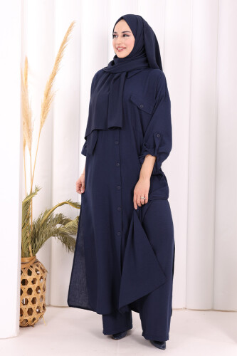 Keten Düğmeli Tunik Pantolon Takım 8015 Lacivert - 2