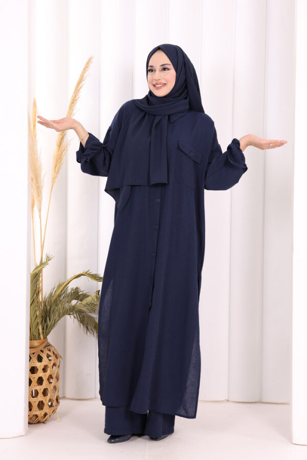 Keten Düğmeli Tunik Pantolon Takım 8015 Lacivert - 3