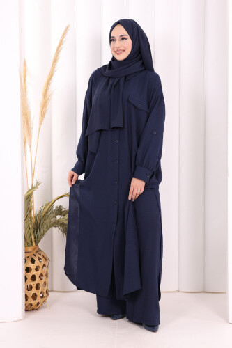 Keten Düğmeli Tunik Pantolon Takım 8015 Lacivert - 4