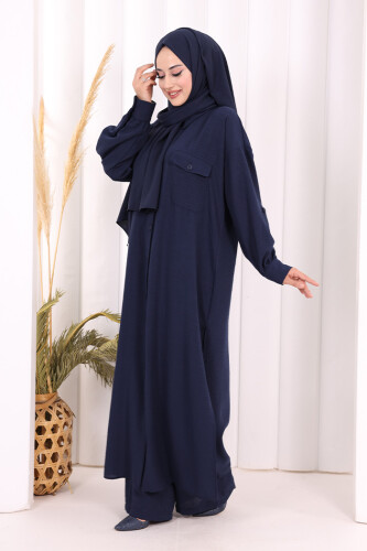 Keten Düğmeli Tunik Pantolon Takım 8015 Lacivert - 5