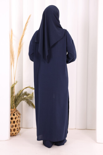 Keten Düğmeli Tunik Pantolon Takım 8015 Lacivert - 6
