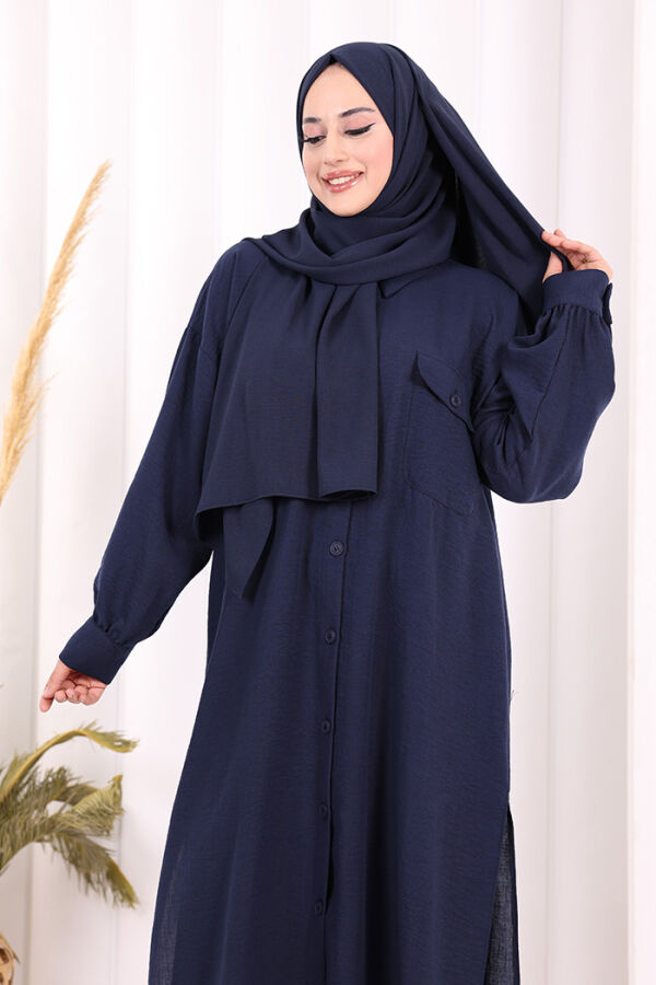 Keten Düğmeli Tunik Pantolon Takım 8015 Lacivert - 7