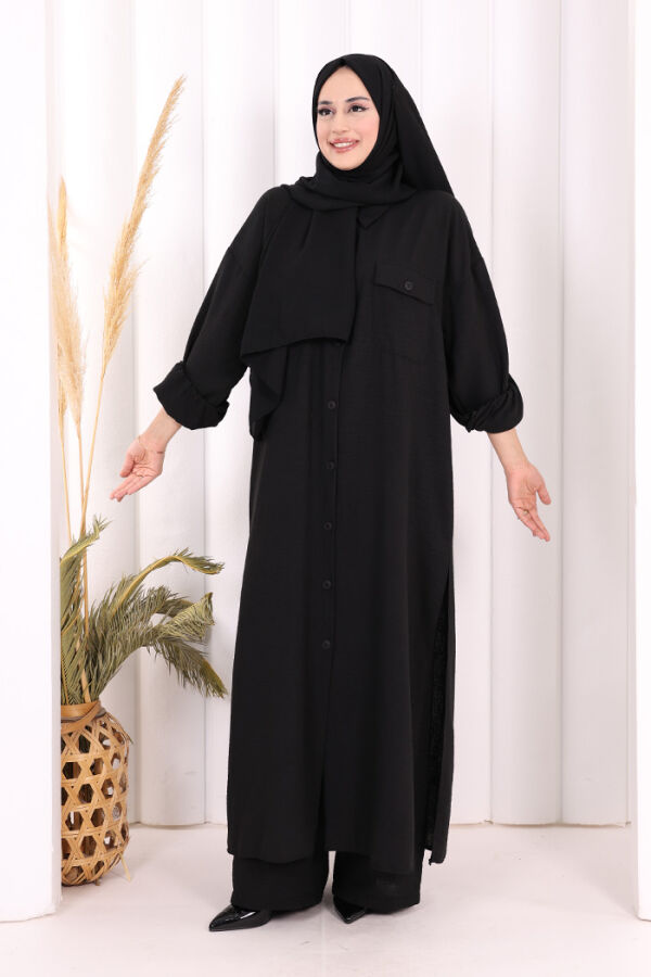 Keten Düğmeli Tunik Pantolon Takım 8015 Siyah - 1