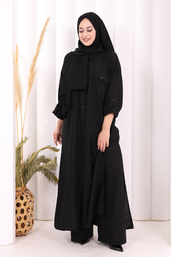 Keten Düğmeli Tunik Pantolon Takım 8015 Siyah - 2