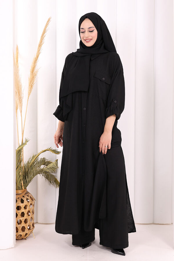 Keten Düğmeli Tunik Pantolon Takım 8015 Siyah - 2
