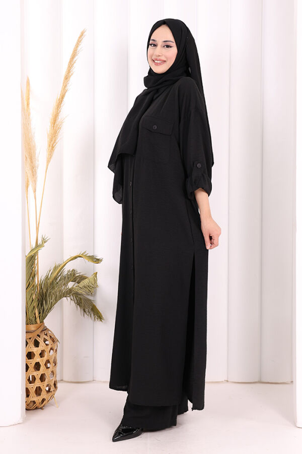 Keten Düğmeli Tunik Pantolon Takım 8015 Siyah - 3