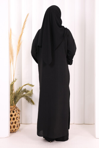 Keten Düğmeli Tunik Pantolon Takım 8015 Siyah - 4
