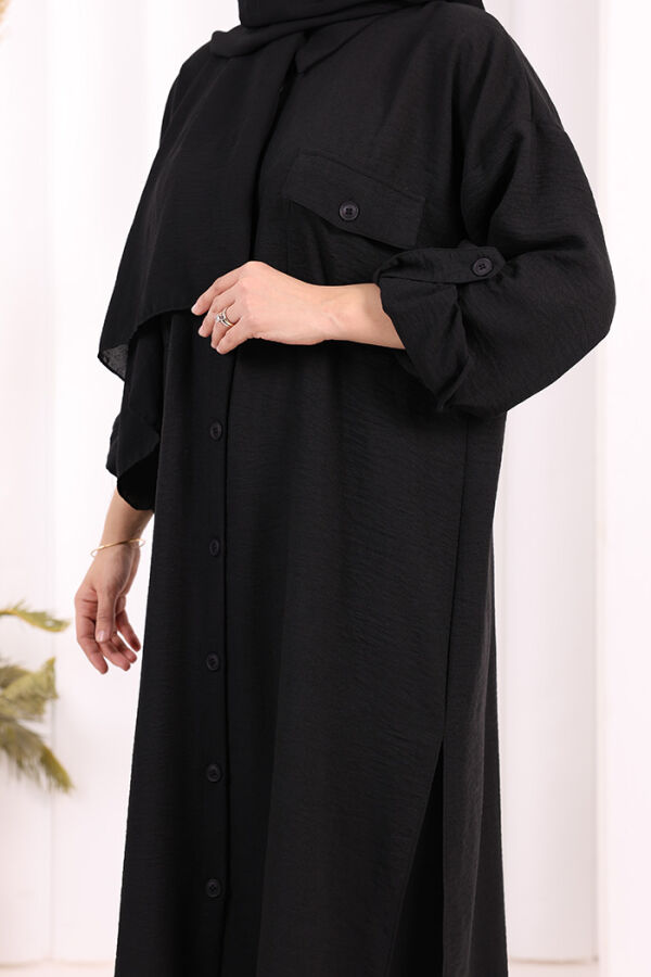 Keten Düğmeli Tunik Pantolon Takım 8015 Siyah - 5