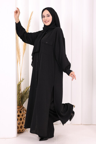 Keten Düğmeli Tunik Pantolon Takım 8015 Siyah - 7