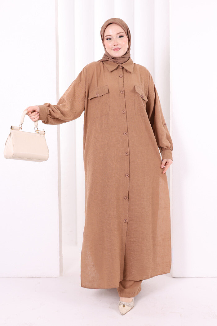 Keten Düğmeli Tunik Pantolon Takım 8015 Taba