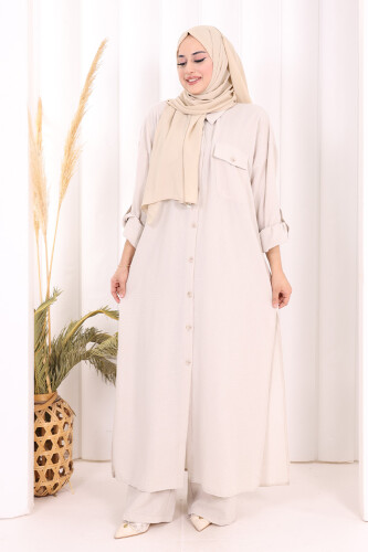 Keten Düğmeli Tunik Pantolon Takım 8015 Taş 
