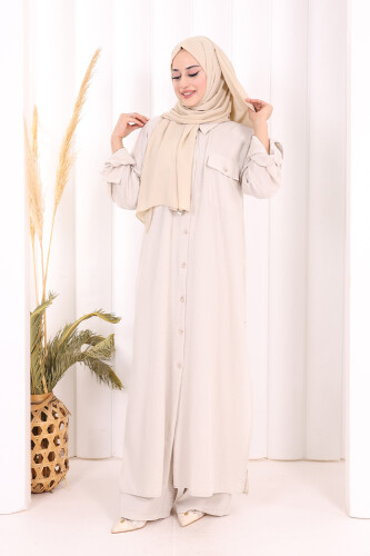 Keten Düğmeli Tunik Pantolon Takım 8015 Taş - 2