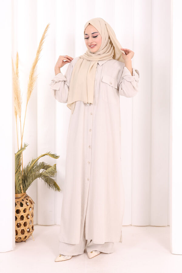 Keten Düğmeli Tunik Pantolon Takım 8015 Taş - 2