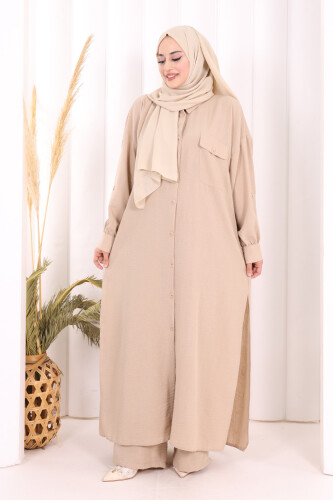 Keten Düğmeli Tunik Pantolon Takım 8015 Vizon 