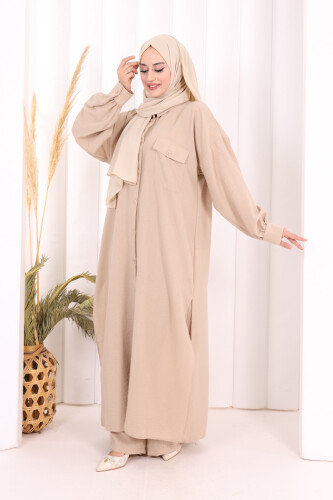 Keten Düğmeli Tunik Pantolon Takım 8015 Vizon - 2