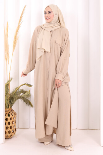 Keten Düğmeli Tunik Pantolon Takım 8015 Vizon - 3