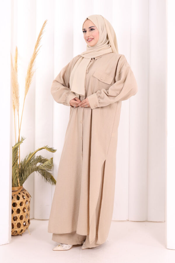 Keten Düğmeli Tunik Pantolon Takım 8015 Vizon - 4