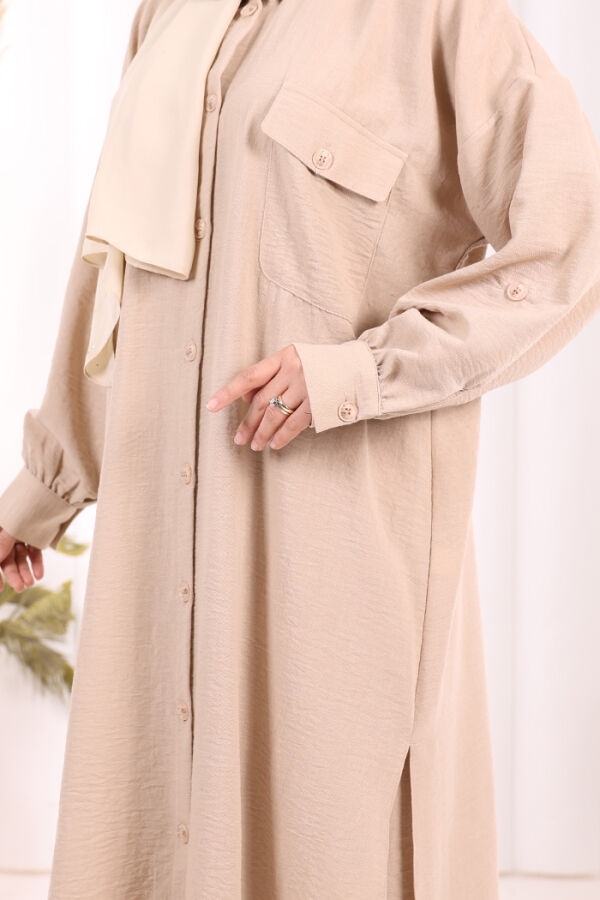 Keten Düğmeli Tunik Pantolon Takım 8015 Vizon - 7