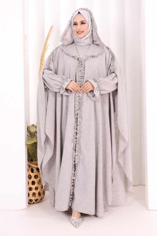 Keten Pelerinli Elbise Abaya Takım 8021 Açık Gri - 1