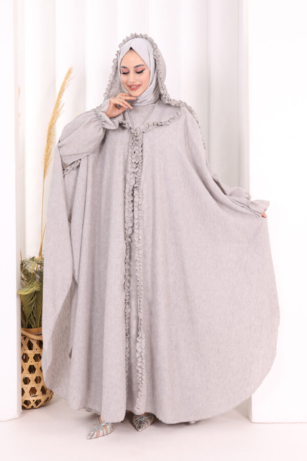 Keten Pelerinli Elbise Abaya Takım 8021 Açık Gri - 2