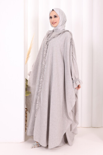 Keten Pelerinli Elbise Abaya Takım 8021 Açık Gri - 4