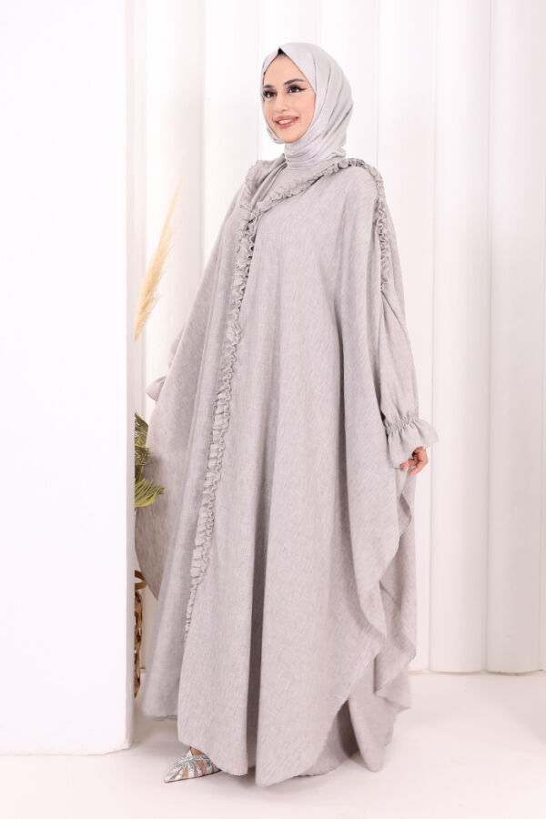 Keten Pelerinli Elbise Abaya Takım 8021 Açık Gri - 4
