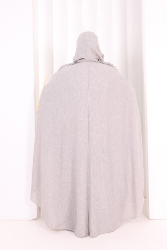 Keten Pelerinli Elbise Abaya Takım 8021 Açık Gri - 5