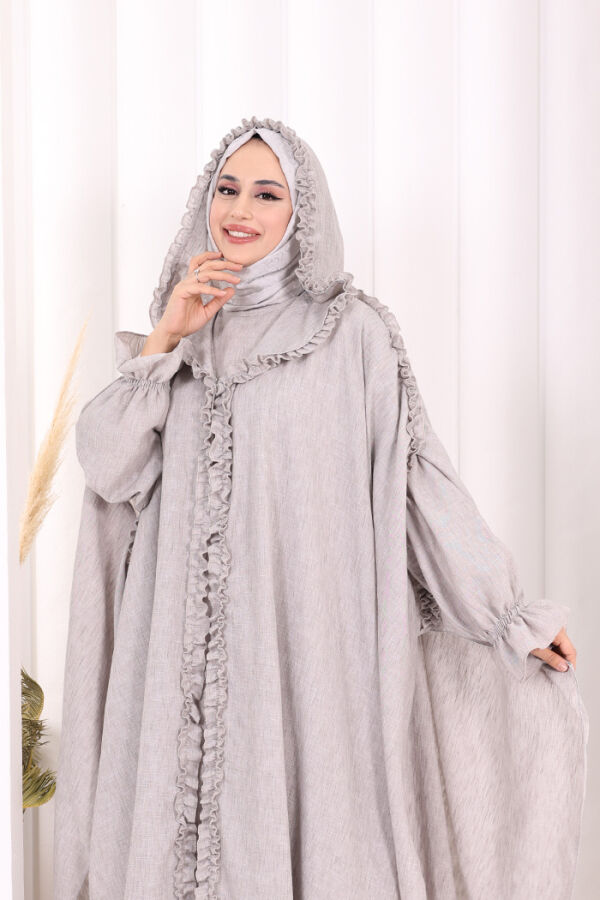 Keten Pelerinli Elbise Abaya Takım 8021 Açık Gri - 6