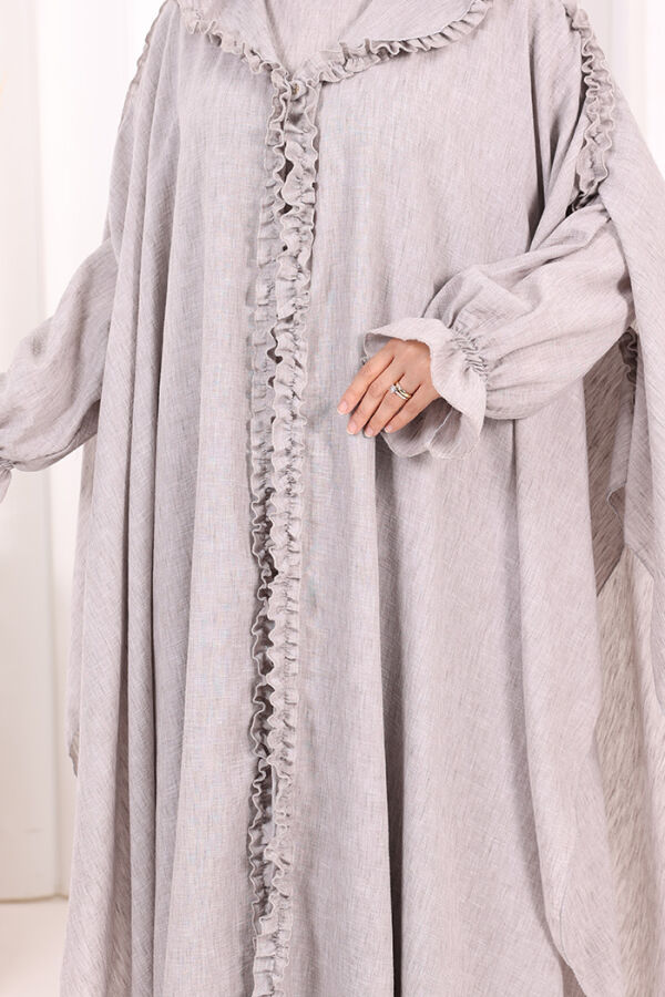 Keten Pelerinli Elbise Abaya Takım 8021 Açık Gri - 7