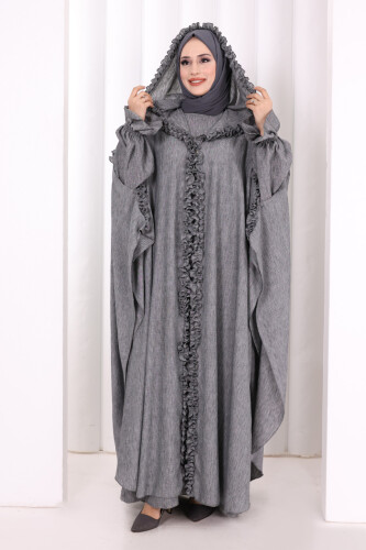 Keten Pelerinli Elbise Abaya Takım 8021 Antrasit 