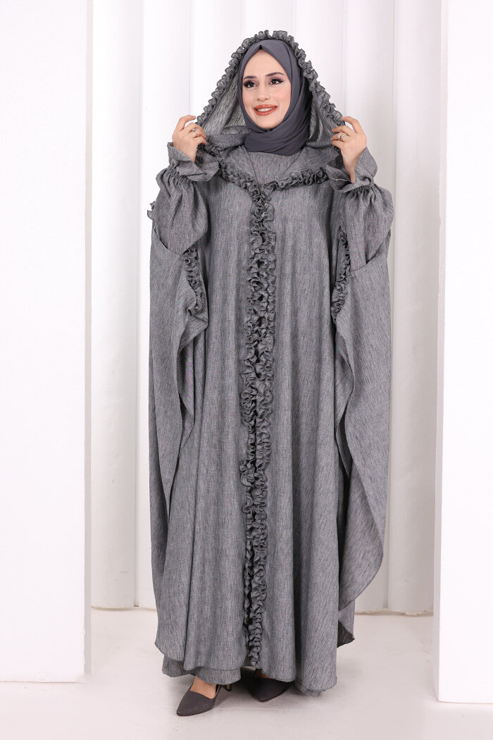 Keten Pelerinli Elbise Abaya Takım 8021 Antrasit - 1