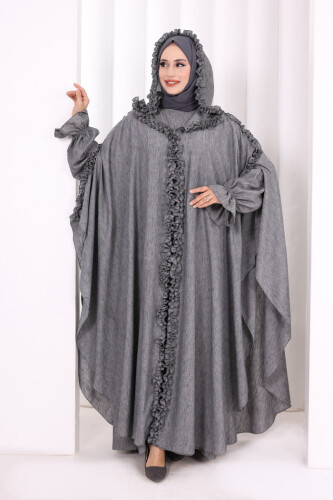 Keten Pelerinli Elbise Abaya Takım 8021 Antrasit - 2
