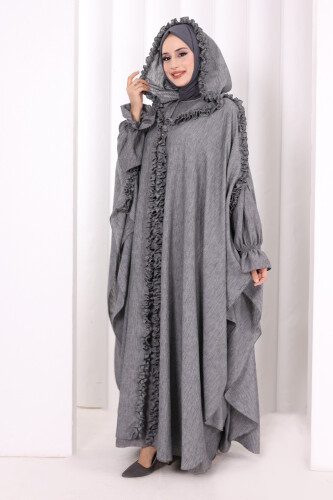 Keten Pelerinli Elbise Abaya Takım 8021 Antrasit - 3