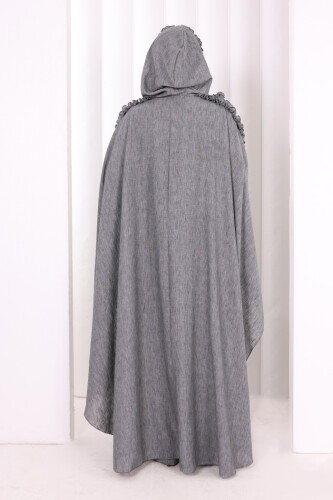 Keten Pelerinli Elbise Abaya Takım 8021 Antrasit - 4