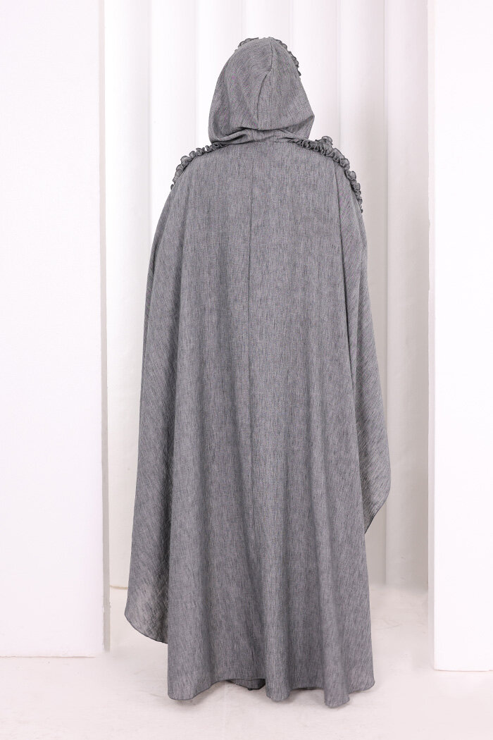 Keten Pelerinli Elbise Abaya Takım 8021 Antrasit - 4