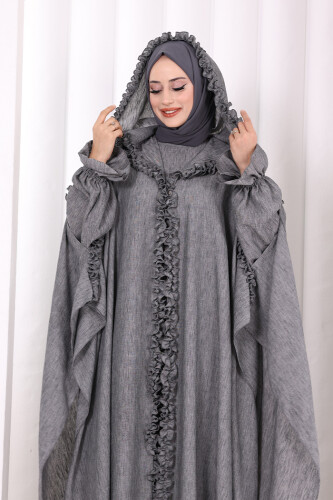 Keten Pelerinli Elbise Abaya Takım 8021 Antrasit - 5