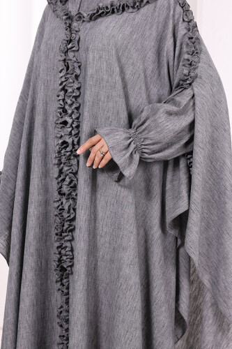 Keten Pelerinli Elbise Abaya Takım 8021 Antrasit - 6