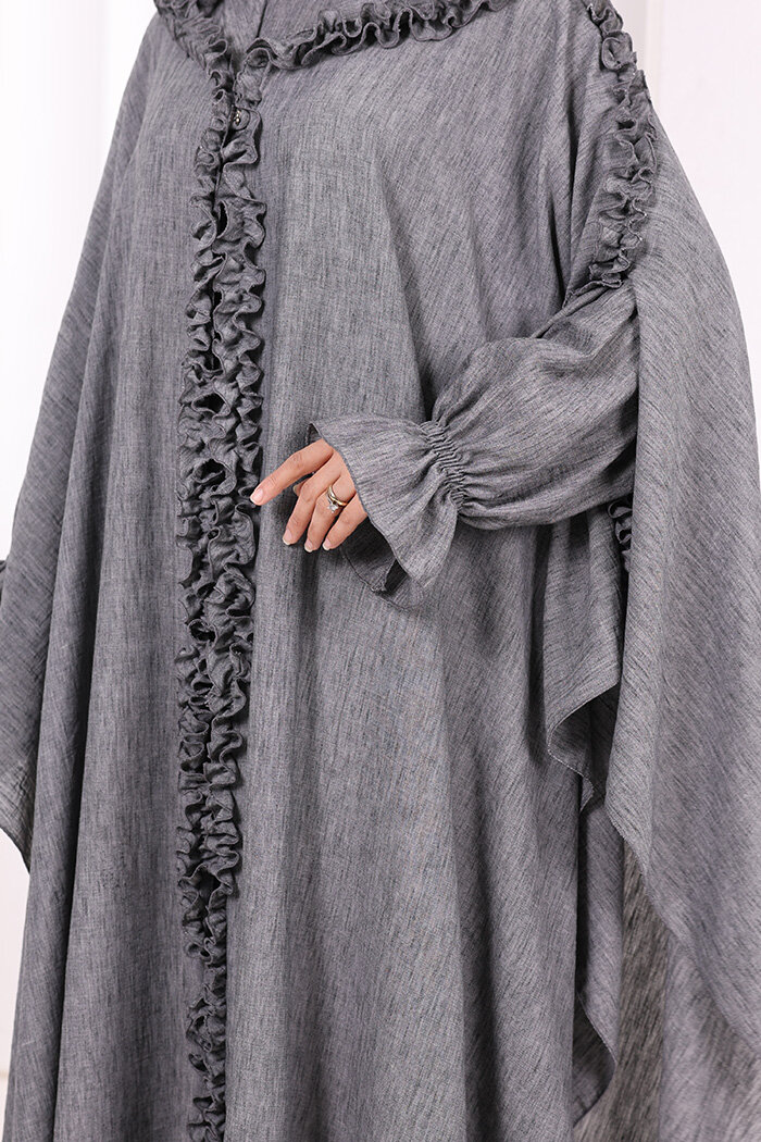 Keten Pelerinli Elbise Abaya Takım 8021 Antrasit - 6