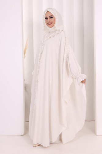 Keten Pelerinli Elbise Abaya Takım 8021 Ekru - 2