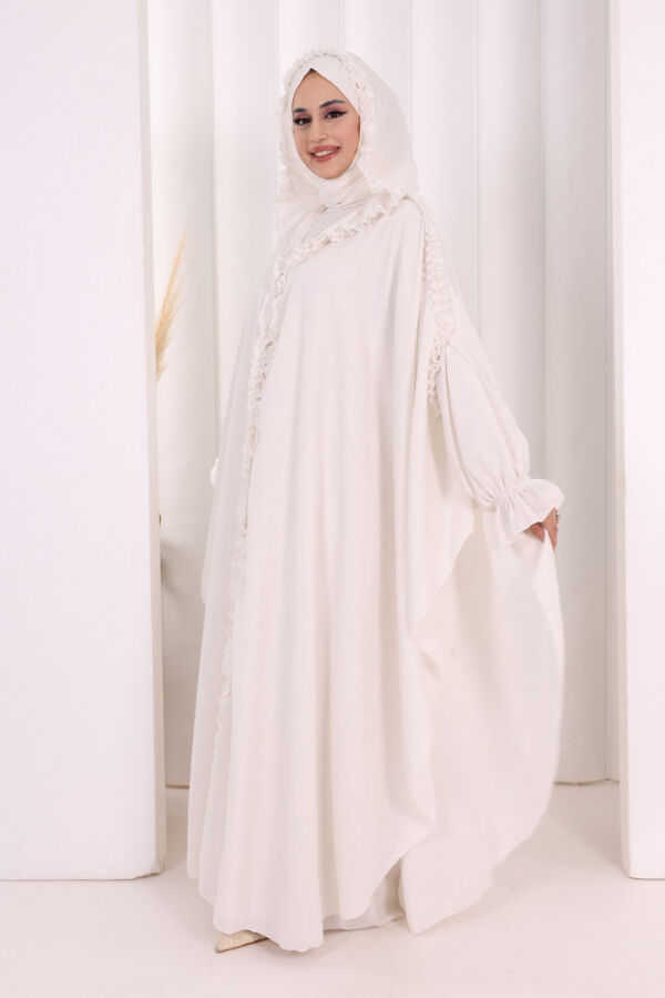 Keten Pelerinli Elbise Abaya Takım 8021 Ekru - 2