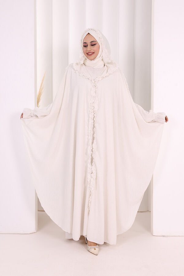 Keten Pelerinli Elbise Abaya Takım 8021 Ekru - 3