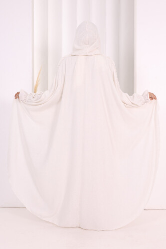 Keten Pelerinli Elbise Abaya Takım 8021 Ekru - 4