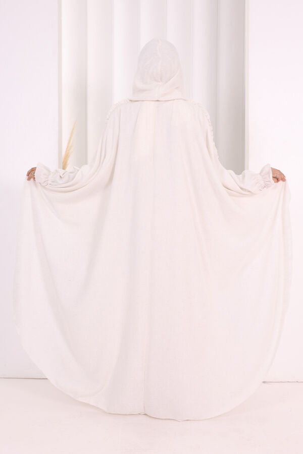 Keten Pelerinli Elbise Abaya Takım 8021 Ekru - 4
