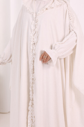 Keten Pelerinli Elbise Abaya Takım 8021 Ekru - 6